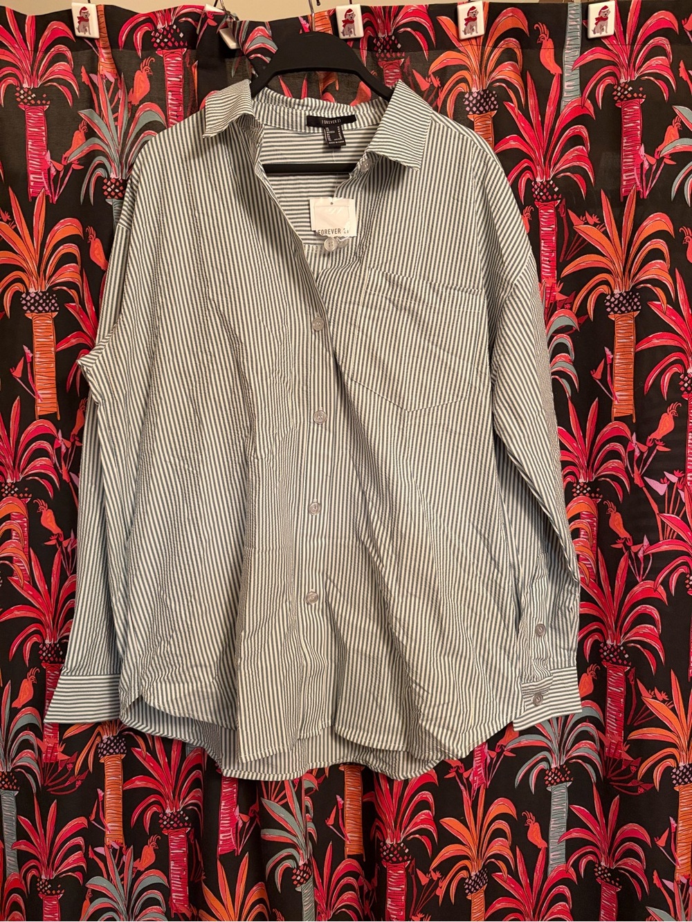 Forever 21 women’s green and White Pinstripe Long-Sleeve Shirt